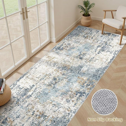 Runner Rug Non Slip Rugs: 3x8 Hallway Kitchen Washable Abstract Soft Modern Stain Resistant Indoor Floor Neutral Accent Throw Carpet for Bathroom Laundry Room Entryway Bedroom- Blue