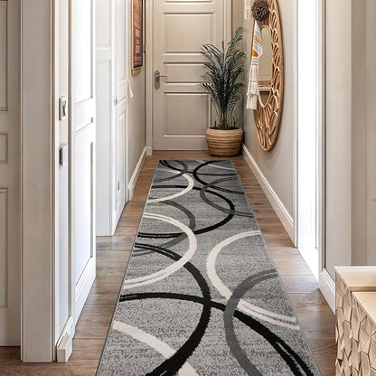 Rugshop Wavy Circles Design Runner Rug, Fade-Resistant Carpet for Hallway, Kitchen, or Entryway, Gray, 2' x 10'