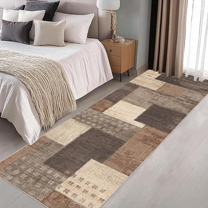 Modern Geometric Patchwork Indoor Runner Rug for Living Room, Beige 2.7'x 8' Large Rug Rockwood Collection Hardwood Floors Decor for Bedroom, Beige Throw Carpet for Office Entryway Dining Room