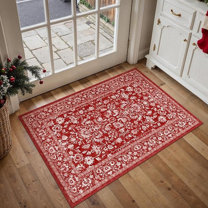 Christmas Area Rug 2x3 Red Washable Entryway Non Slip Small Carpet Holiday Door Mat Vintage Distressed Floral Accent Rug Low Pile Soft Thin Xmas Doormat for Bathroom Laundry Kitchen