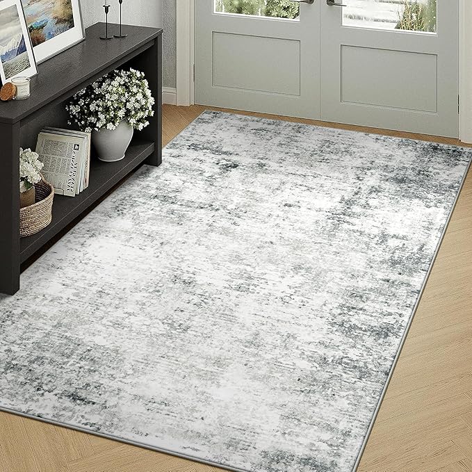 4x6 Machine Washable Area Rug for Living Room, Grey Modern Vintage Abstract Rug Large Non-Slip Low Pile Soft Faux Wool Carpet, Kids and Pets Friendly for Bedroom Dining Room Farmhouse Home Decor Rug
