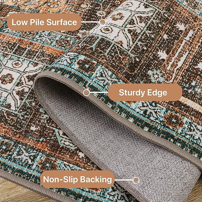 GENIMO 4x6 Area Rugs for Living Room, Machine Washable Rug, Non Slip Vintage Rugs, Low Pile Lightweight Chenille Print Rug for Bedroom, Dining Room, Home Office, Vintage Brown/Blue