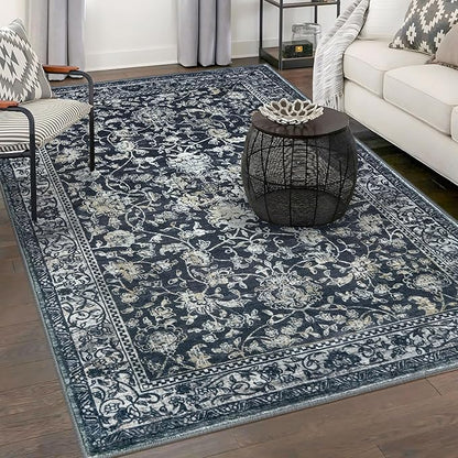 KILOCOCO Area Rug 5x7 Living Room Rug Washable Printed Vintage Floral Non Slip Soft Rubber Backed Indoor Bedroom Rugs for Laundry Room Kitchen Playroom Moroccan Area Rugs, Navy/Charcoal