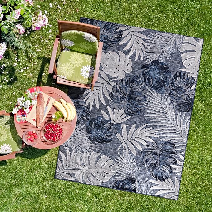 CAMILSON Indoor Outdoor Rug, Navy 7’10”x10’ Leaf Tropical Botanical Area Rugs for Indoor and Outdoor patios, Easy-Cleaning Non-Shedding Living Room, Garden and Kitchen Washable Outside Carpet (8x10)