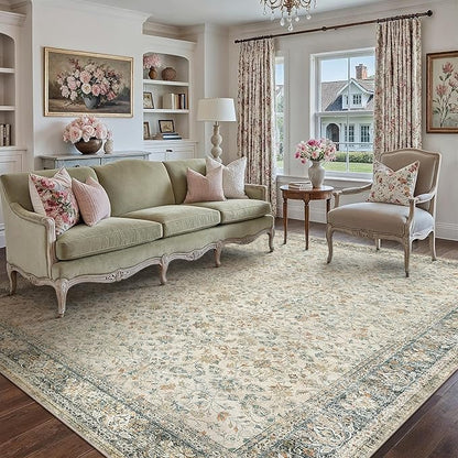 Beige Area Rug 8x10 Living Room Machine Washable Vintage Carpet Non Slip Indoor Retro Traditional Accent Throw Large Rug for Office Bedroom Dining Room Playroom