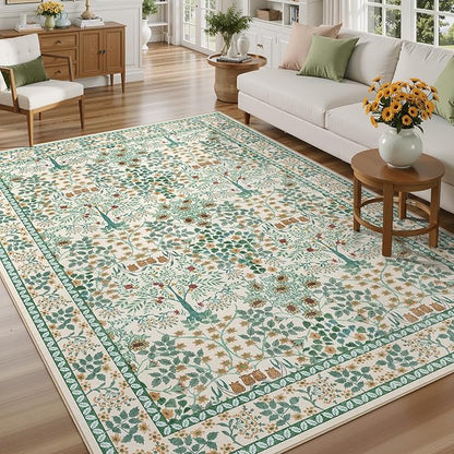 8x10 Area Rugs Living Room Rug - Floral Vintage Forest Washable Carpet, Low Pile Non-Slip Stain Resistance Boho Soft Large Carpet for Bedroom, Dining Room, Office, Farmhouse (8'x10' Beige Green)