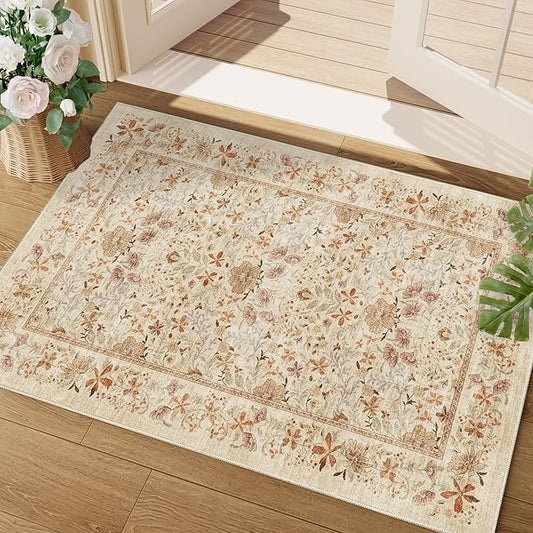 DUKINO 2x3 Entryway Rug, Floral Washable Area Rug with Non Slip Indoor Door Mat, Vintage Low Pile Small Front Door Throw Carpet for Kitchen, Entrance, Bathroom, Bedroom, Beige