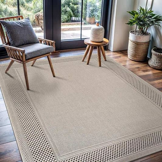CAMILSON Easy Jute Rug 5x7, Indoor Outdoor Off-White Color Fiber Area Rugs for Living Room Patio and Kitchen Rug Bordered Boho Woven Design, Easy-Cleaning, Washable Outside Carpet (5 x 7)