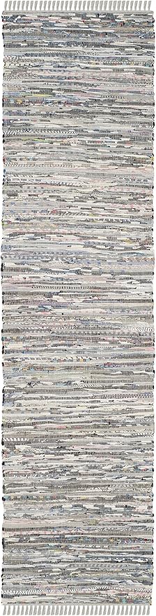SAFAVIEH Rag Rug Collection Runner Rug - 2'3" x 12', Grey, Handmade Boho Stripe Cotton, Ideal for High Traffic Areas in Living Room, Bedroom (RAR121A)
