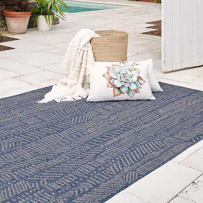 FH Home Flat Woven Outdoor Rug - Waterproof, Easy to Clean, Stain Resistant - Premium Polypropylene Yarn - Modern Abstract - Patio, Porch, Deck, Balcony - Suez - Blue - 5ft 2in x 7ft 6in