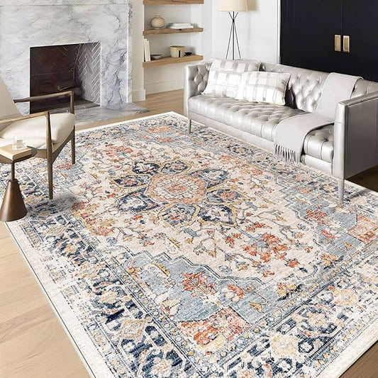 Enkor Area Soft Rugs 6x9 Washable Non Slip Boho Floor Rugs for Living Room Bedroom, Vintage Style Farmhouse Mat for Kitchen Entryway Orange & Black