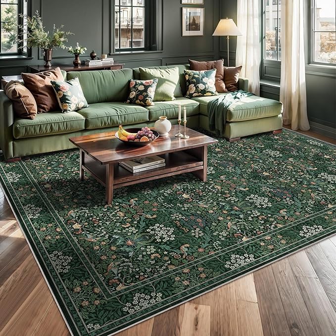9x12 Floral Washable Area Rugs for Living Room, Vintage Boho Large Rug for Bedroom Dining Room， Distressed Botanical Birds Non Slip Low Pile Animal Throw Carpet for Farmhouse Office, Bright Green