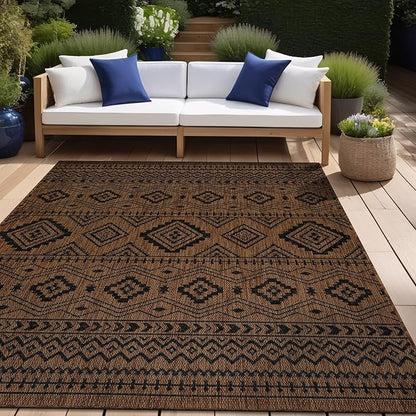 Beverly Rug Waikiki Boho Indoor Outdoor Rug 10x14, Washable Outside Carpet for Patio, Deck, Porch, Bohemian Area Rug, Farmhouse Rugs, Aztec Tribal Rug, Nut Brown and Black