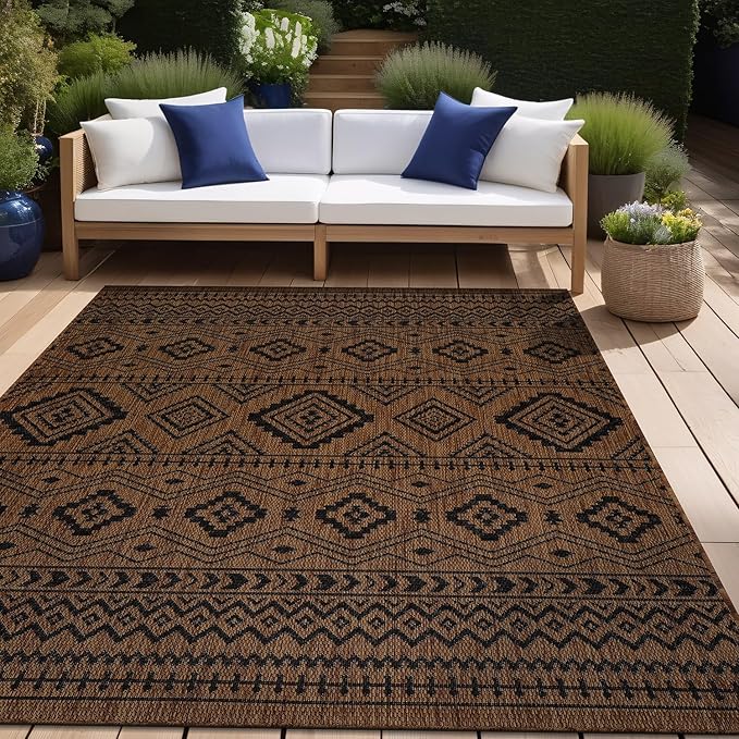 Beverly Rug Waikiki Boho Indoor Outdoor Rug 6x9, Washable Outside Carpet for Patio, Deck, Porch, Bohemian Area Rug, Farmhouse Rugs, Aztec Tribal Rug, Nut Brown and Black