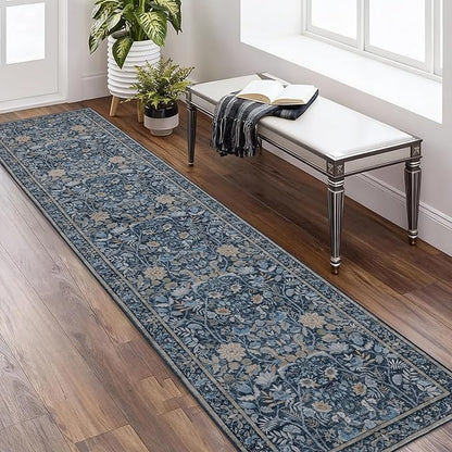Washable Runner Rug 2x8: Vintage Boho Floral Carpet Runners for Hallway Entryway Non-Slip - Soft Botanical Low Pile Thin Mat for Kitchen Bathroom Bedroom Laundry Floor Decor - Slate Blue