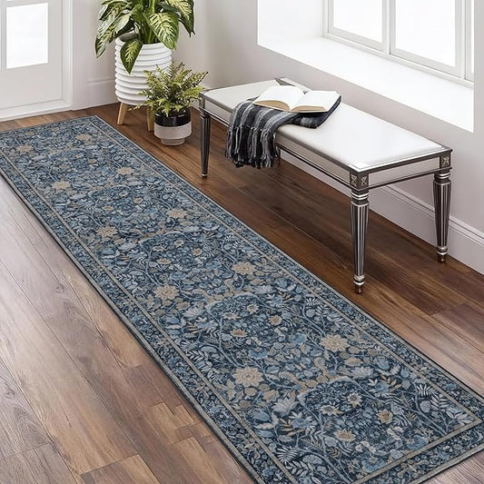 Washable Runner Rug 2x8: Vintage Boho Floral Carpet Runners for Hallway Entryway Non-Slip - Soft Botanical Low Pile Thin Mat for Kitchen Bathroom Bedroom Laundry Floor Decor - Slate Blue