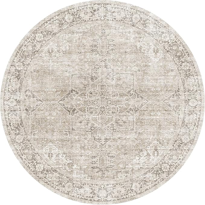 ReaLife Rugs Machine Washable Area Rug - Living Room Bedroom Bathroom Kitchen Entryway Office - Padded Low Pile Stain Resistant Premium - Boho Farmhouse Vintage - Lyle - Beige Ivory 6' Round