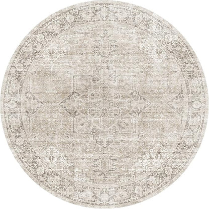ReaLife Rugs Machine Washable Area Rug - Living Room Bedroom Bathroom Kitchen Entryway Office - Padded Low Pile Stain Resistant Premium - Boho Farmhouse Vintage - Lyle - Beige Ivory 6' Round