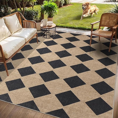 Checkered Easy Jute Rug 6x9 Outdoor Rug Large Washable Area Rugs for Living Room Bedroom Non Slip Neutral Farmhouse Indoor Outdoor Carpet for Backyard Patio Office