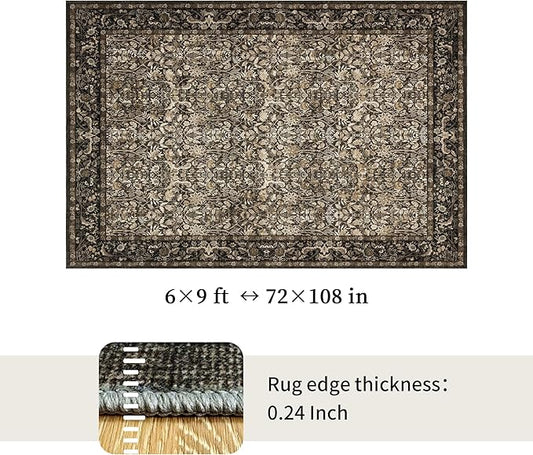 Washable Living Room Rug: 6x9 Boho Floral Soft Area Rug for Bedroom Decor - Vintage Low Pile Thin Carpet for Dining Room Non-Slip - Farmhouse Stain Resistant Rugs - Dark Brown