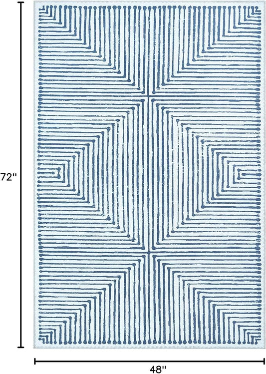 Bloom Rugs Washable Non-Slip 4' x 6' Rug - Blue/Ivory Striped Area Rug for Living Room, Bedroom, Dining Room, and Kitchen - Exact Size: 4' x 6'
