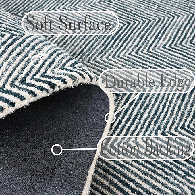 Modern Herringbone Chevron Collection Handcrafted Wool Area Rug - Durable, Zigzag Pattern, for High Traffic, Contemporary Design for Living Room, Bedroom, Dining Room Decor (Denim Blue, 6' round)