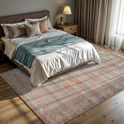 GLN Rugs Traditional Collection - Machine Washable Area Rug, Traditional Washable, Non Slip, Low Pile Chenille Rug, Living Room, Bedroom, Kitchen Rug (8' x 10' Terra/Multicolor 1153)
