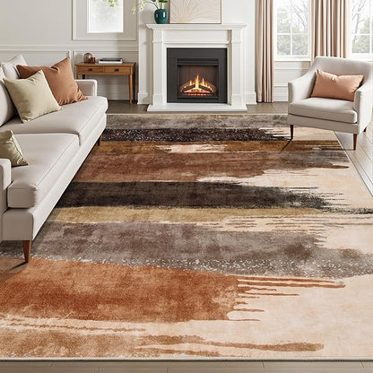 Ciicool Modern Abstract Rug for Living Room, 5'x7' Machine Washable Area Rug Non-Slip Rug, Low-Pile Contemporary Indoor Dining Floor Carpet for Bedroom Office Under Table Home Decor Brown Black