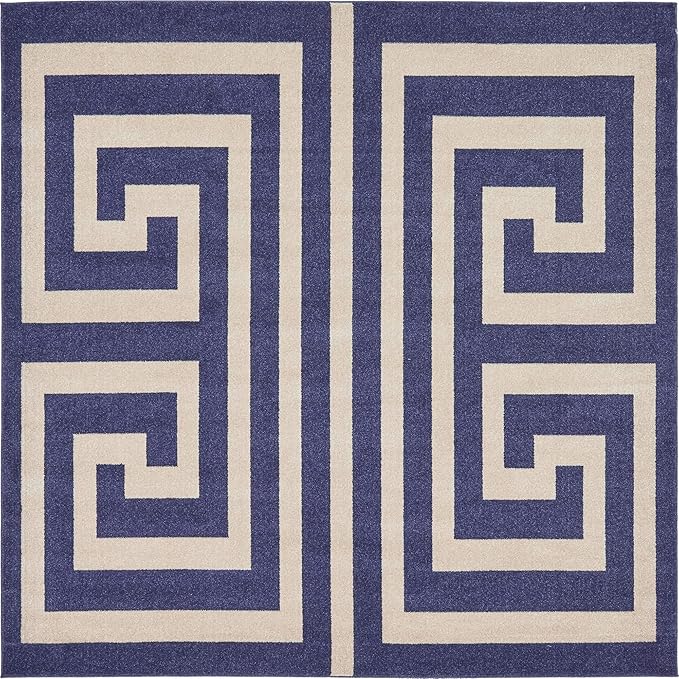Unique Loom Athens Collection Classic Geometric Modern Border Design Area Rug (8' 0 x 8' 0 Square, Navy Blue/ Beige)