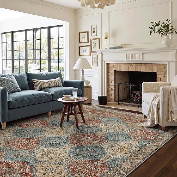 Bavni 8x10 Area Rugs for Living Room, Machine Washable Rug Non Slip, Vintage Chenille Distressed Print Carpet, Large Low Pile Ultra-Thin Lightweight Rugs for Bedroom, Dining Room, Office, Blue/Tan/Red