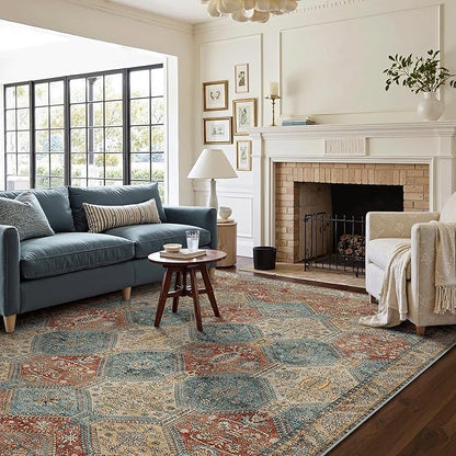 Bavni 8x10 Area Rugs for Living Room, Machine Washable Rug Non Slip, Vintage Chenille Distressed Print Carpet, Large Low Pile Ultra-Thin Lightweight Rugs for Bedroom, Dining Room, Office, Blue/Tan/Red