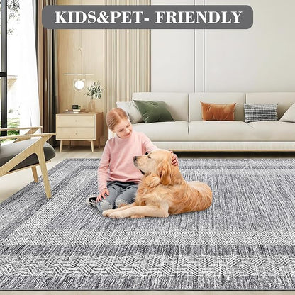 GarveeHome Modern Geometric Area Rug 2x3 Distressed Bordered Washable Non Slip Floor Small Carpet Non Shedding Thin Soft Low Pile Rug, Contemporary Gray Rug for Dining Room, Living Room
