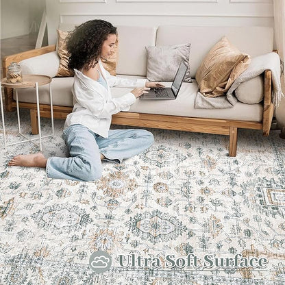 Area Rug 9x12 Living Room Rug, Machine Washable Vintage Distressed Boho Area Rug Non-Slip Soft Low Pile Large Indoor Rugs for Bedroom Kitchen Dining Room Office(Brown Green,9'x12')