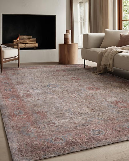 Kuden 8x10 Large Area Rug, Machine Washable Area Rug with Non-Slip Backing, Vintage Style, Soft, Easy Clean, Low Pile Rug for Living Room, Bedroom, Dining Room
