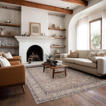 Kuden 6x9 Area Rug, Machine Washable Area Rug with Non-Slip Backing, Vintage Style, Soft, Easy Clean, Low Pile Rug for Living Room, Bedroom, Dining Room
