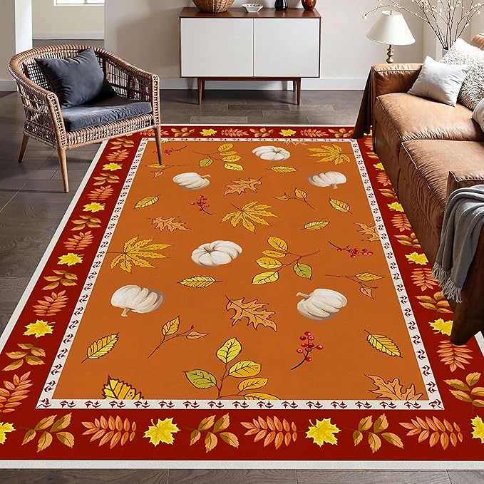 Fallen Leaves Carpet for Kitchen, 6x8ft, Autumn Pumpkins with Leave Orange Area Rug, Indoor Ultra-Thin Foldable Machine Washable Fun Pumpkin Bath Mat for Home Office Relax Room