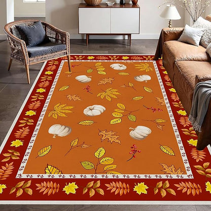 Fallen Leaves Carpet for Kitchen, 5x8ft, Autumn Pumpkins with Leave Orange Area Rug, Indoor Ultra-Thin Foldable Machine Washable Fun Pumpkin Bath Mat for Home Office Relax Room