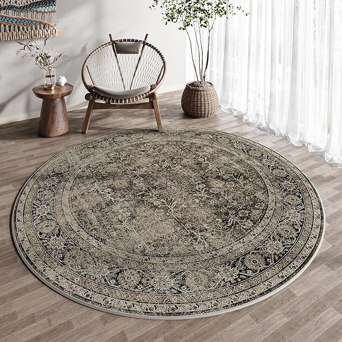 Brown Round Area Rug 4ft Entryway 4x4 Circle Vintage Indoor Kitchen Washable Door Mat Living Room Carpet Non Slip Traditional Distressed Retro Accent Throw Rug Office Dining Room Bathroom
