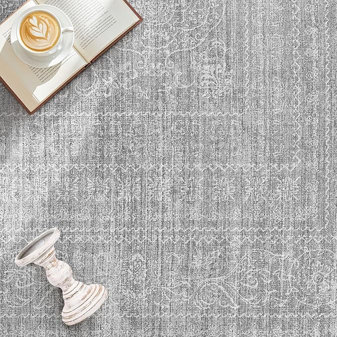 6x9 Area Rugs Living Room: Washable Large Vintage Grey Rug Neutral Non-Slip Soft Stain Resistant Indoor Carpet for Bedroom Nursery Dining Room Under Table Bed Home House Office Playroom