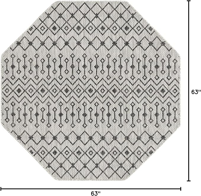 Unique Loom Outdoor Trellis Collection Area Rug - Tribal Trellis (5' 3" Octagon, Gray/ Black)