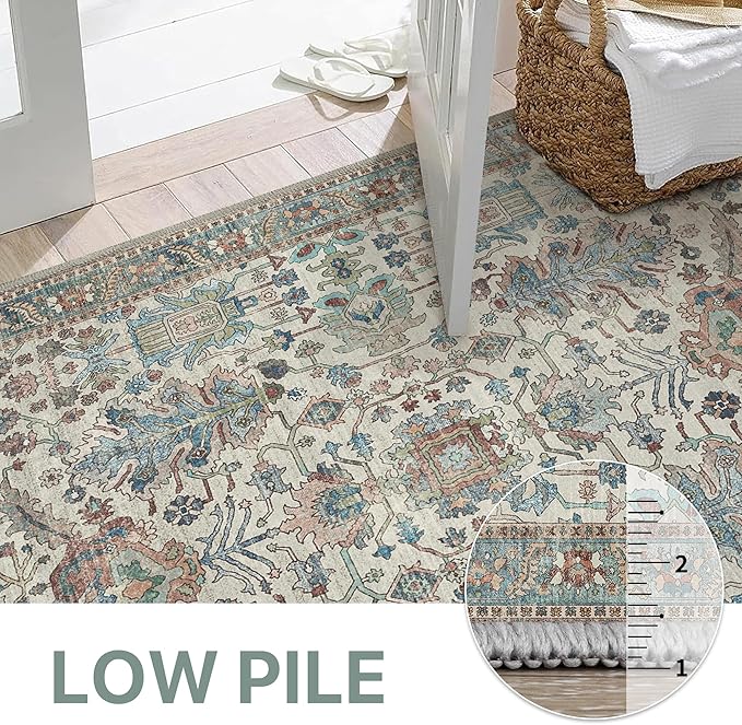 Area Rugs 8x10 Clearance Washable Boho Rug for Bedroom Living Room, Non Slip Thin Low Pile Chenille Carpet for Dining Room,Vintage Farmhouse, Blue/Ivory