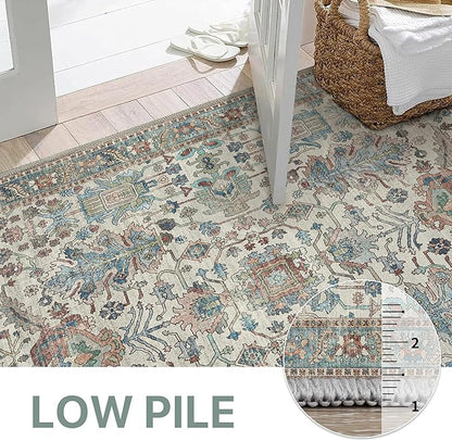 Area Rugs 8x10 Clearance Washable Boho Rug for Bedroom Living Room, Non Slip Thin Low Pile Chenille Carpet for Dining Room,Vintage Farmhouse, Blue/Ivory
