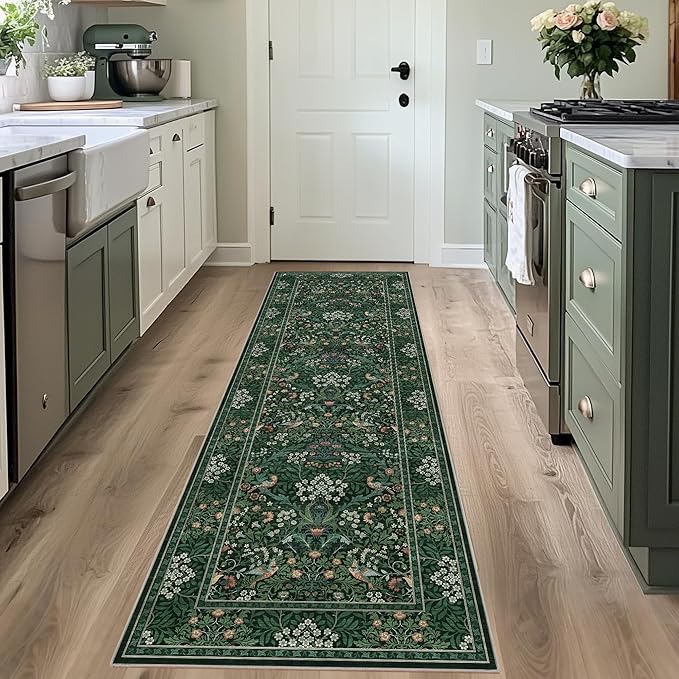 2x6 Floral Washable Area Rugs Soft Runner Rug for Living Room, Vintage Boho Hallway Rug for Bedroom Dining Room, Distressed Botanical Birds Non Slip Low Pile Throw Carpet for Office, Bright Green