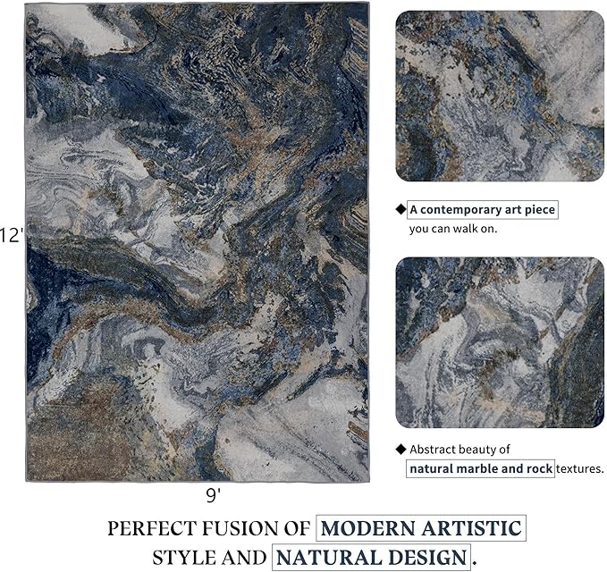 Modern Washable Rug for Living Room: Abstract 9x12 Area Rugs for Bedroom Low Pile Non Slip - Stain Resistant Carpet for Dining Room Indoor - Blue Gold
