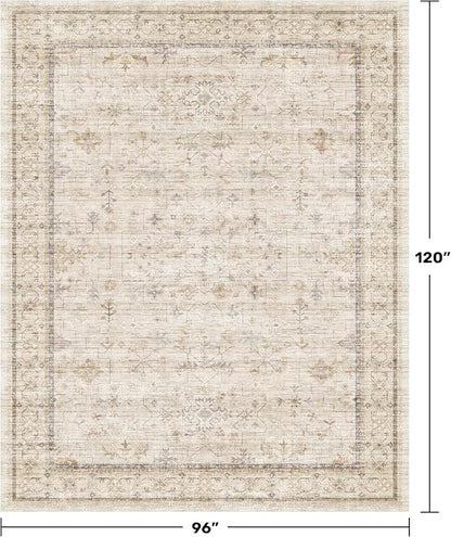 Washable Ivory Living Room Rug, 8x10 Non Slip Area Rugs for Bedroom, Dinning Room Under Table Low Pile Neutral Farmhouse Vintage Foldable Decor