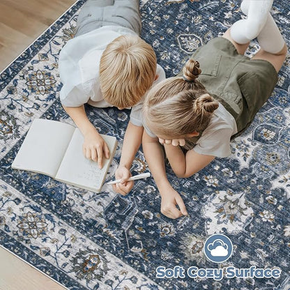 Area Rug 5x7 Washable Rug, Vintage Boho Medallion Rugs Non-Slip Soft Low Pile Large Distressed Rug Indoor Retro Carpet for Living Room Bedroom Dining Room Home Office (Vintage Blue, 5'x7')