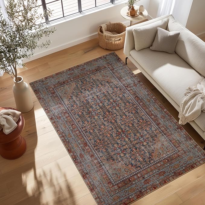 Kuden 5x7 Area Rug, Machine Washable Area Rug with Non-Slip Backing, Vintage Style, Soft, Easy Clean, Low Pile Rug for Living Room, Bedroom, Dining Room