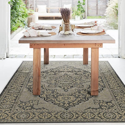 FH Home Flat Woven Outdoor Rug - Waterproof, Easy to Clean, Stain Resistant - Premium Polypropylene Yarn - Vintage - Large Patio, Deck, Sunroom - Ankara - Charcoal - 7ft 10 in x 10ft 9in