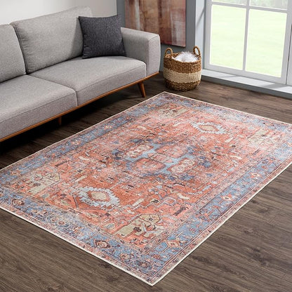 Bloom Rugs Washable 9' x 12' Rug - Terracotta/Blue Traditional Area Rug for Living Room, Bedroom, Dining Room, and Kitchen - Exact Size: 9' x 12'