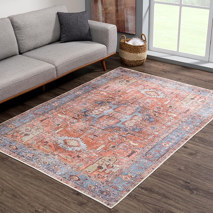 Bloom Rugs Washable 3' x 5' Rug - Terracotta/Blue Traditional Area Rug for Living Room, Bedroom, Dining Room, and Kitchen - Exact Size: 3' x 5'